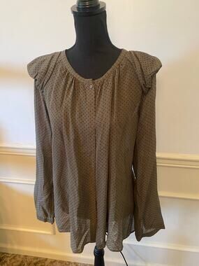 Lilith Sheer Silk Polka Dot Olive Green Ruffle Shoulder Blouse Button Up